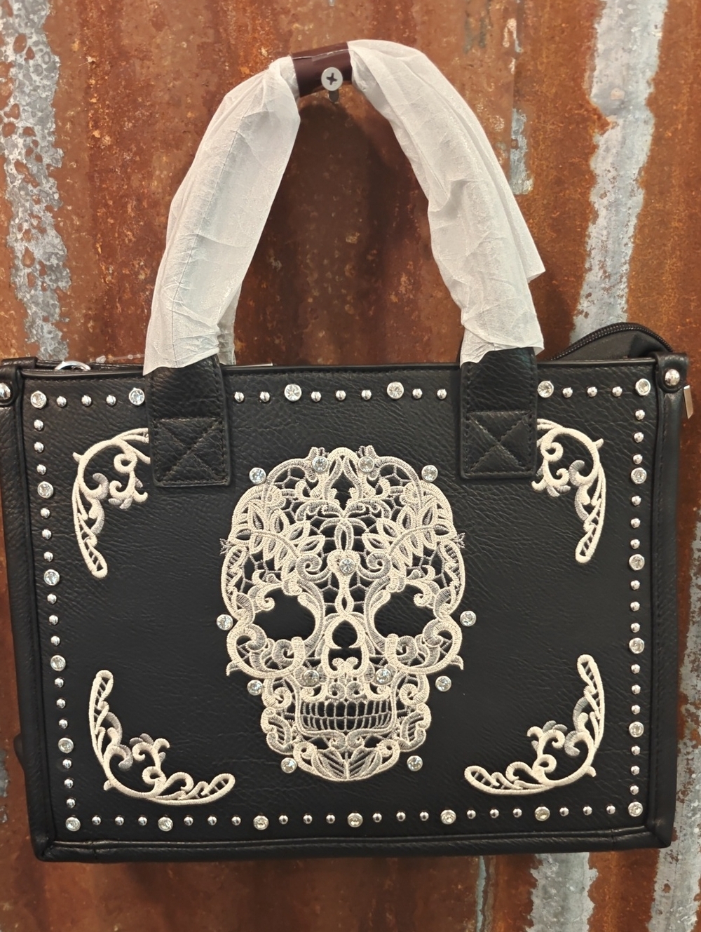 Black Embroidered Sugar Skull Tote Bag